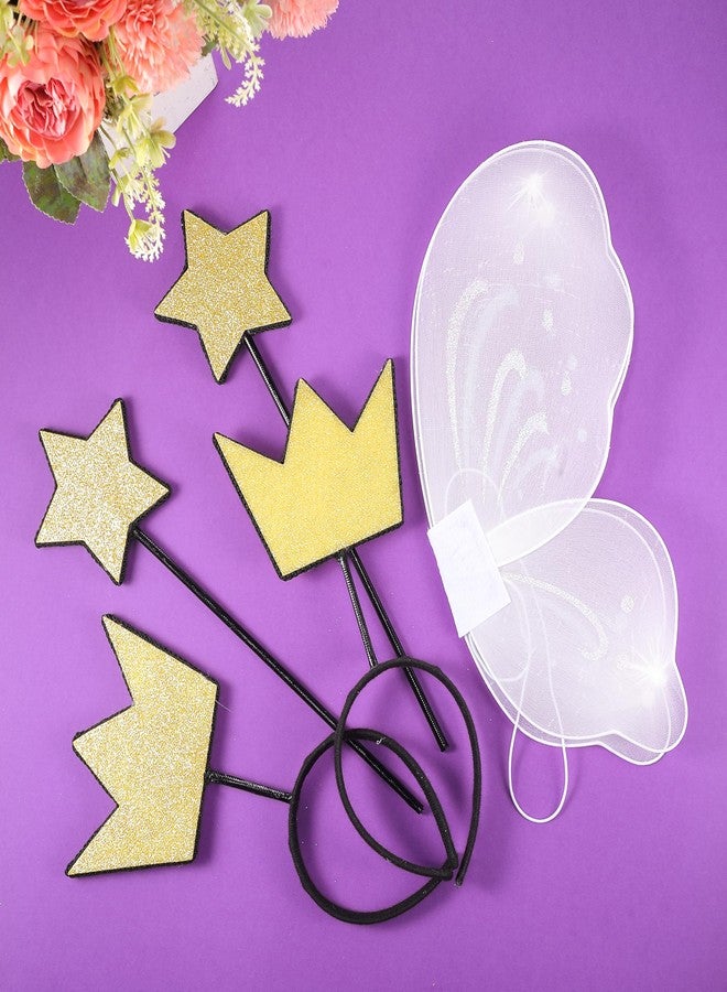 سراتي مجموعة أزياء الجنيات من 6 قطع من سترات، تتضمن أجنحة خرافية، وأجنحة فراشة لامعة، وعصا على شكل نجمة، وعصابة رأس على شكل تاج ذهبي، وإكسسوارات تنكرية للهالوين، وزينة حفلات أعياد الميلاد، وإكسسوارات لعب الحفلات. - Image 3